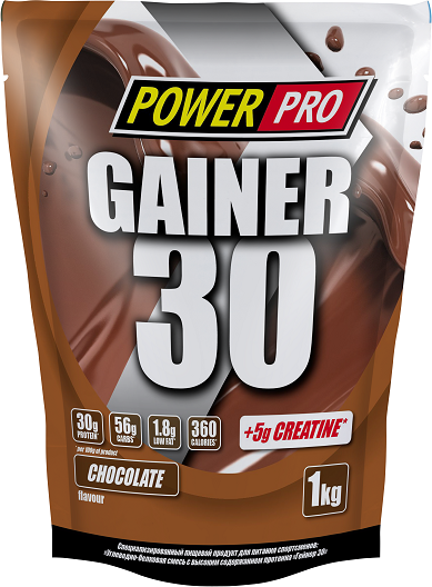 Гейнер POWER PRO 30 с предтренировочным комплексом + креатин вкус шоколад, 1 кг