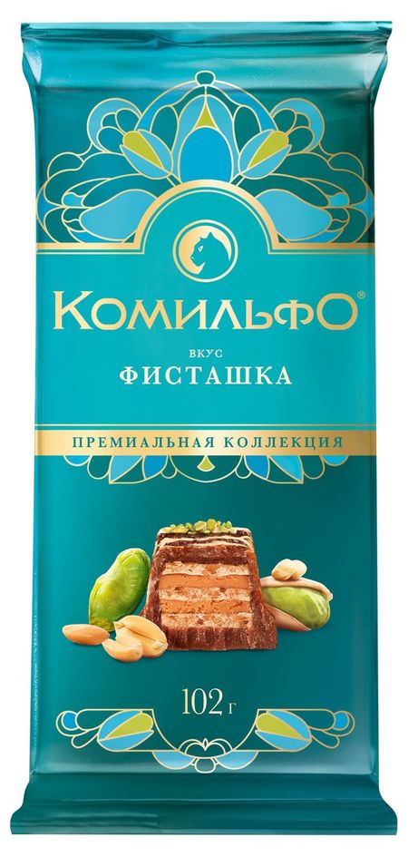 Шоколад Комильфо Молочный и белый с вафлей со вкусом фисташки, 102 г
