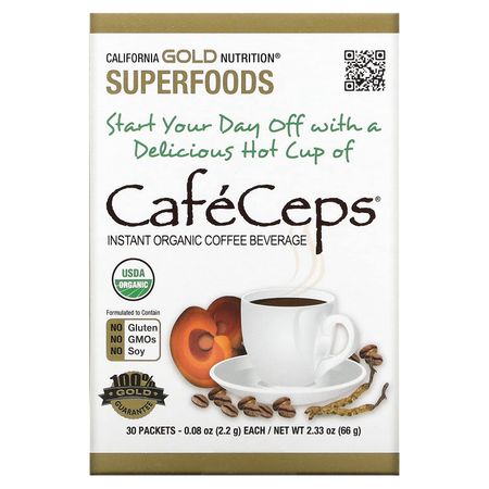 Cafeceps, Сертифицированный органический растворимый кофе с порошком кордицепса и гриба рейши, 30 штук, 2,2 г (0.08 унции) Каждый