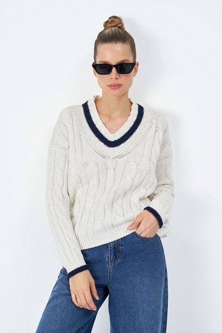 Пуловер вязаный хлопковый с контрастной полосой ElectraStyle 3986₽