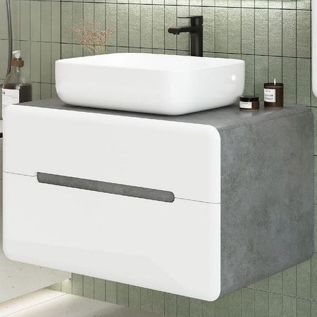 Тумба под раковину Art Max Genova 80 AM-Genova-800-2C-SO-LN подвесная Белая глянцевая Бетон лофт натуральный 27037₽