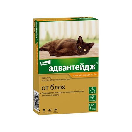 Elanco Адвантейдж капли от блох для котят и кошек весом менее 4 кг - 4 пипетки 1594₽