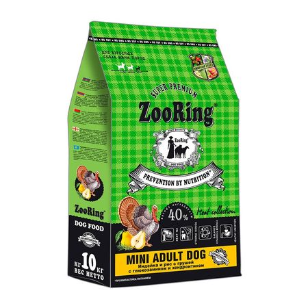 ZooRing Mini Adult Dog сухой кором для собак мелких пород с глюкозамином и хондроитином с ИНДЕЙКОЙ с рисом и грушей - 10 кг 4582₽