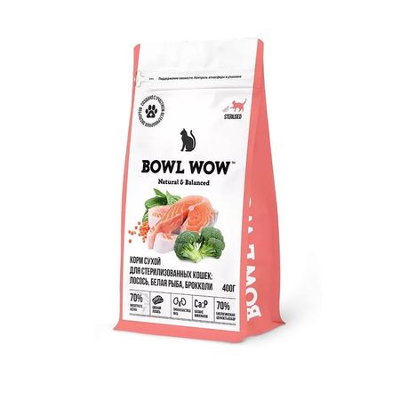 Bowl Wow сухой корм для стерилизованных кошек с лососем белой рыбой и брокколи - 400 г 671₽