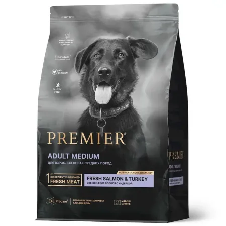 Premier Dog Salmon amp Turkey Adult Medium сухой корм для собак средних пород свежее филе лосося с индейкой - 10 кг 4745₽