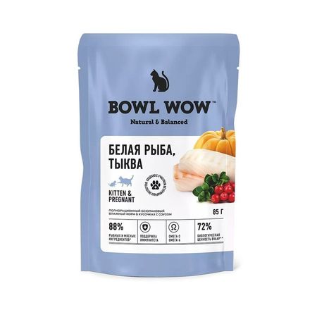 Bowl Wow влажный корм для котят и беременных кошек с белой рыбой и тыквой в соусе в паучах - 85 г 1247₽