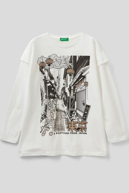 Хлопковый лонгслив с принтом Benetton 382₽