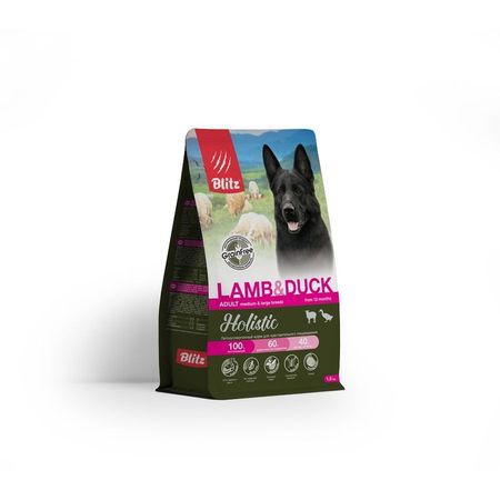 Blitz Holistic Adult сухой корм для собак беззерновой с ЯГНЕНКОМ и УТКОЙ - 15 кг 1256₽