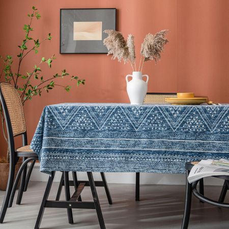 Home European Tablecloth Blue Geometric Triangle Print Blog Cotton Linen Rectangular Table Cloth End Table Cover 100X140CM