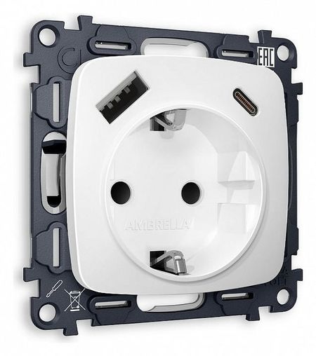 Розетка с заземлением и 2хUSB type A и C без рамки Ambrella Volt Quant MO130010 цвет Белый 3945₽