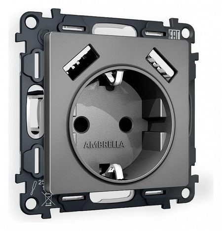 Розетка с заземлением и со шторкой и 2хUSB type A без рамки Ambrella Volt Quant MA659010 цвет Антрацит 3880₽