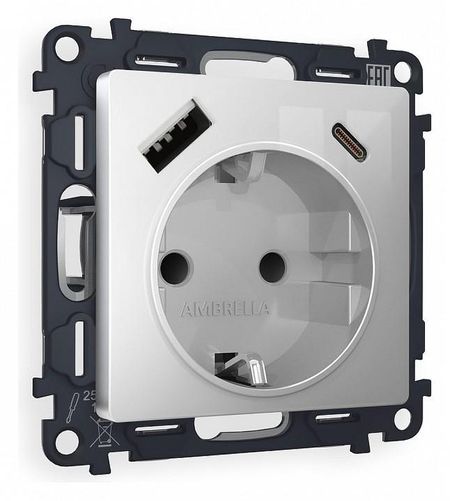 Розетка с заземлением и 2хUSB type A и C без рамки Ambrella Volt Quant MA410010 цвет Серебро 3880₽