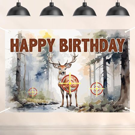 Hunting Happy Birthday Banner Backdrop Forest Wilderness Deer Hunting Camo Themed Background Decor for Hunter Boys Men Birthday Party Favors