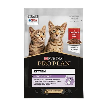 Pro Plan Kitten влажный корм для котят с говядиной кусочки в соусе в паучах - 85 г 2314₽