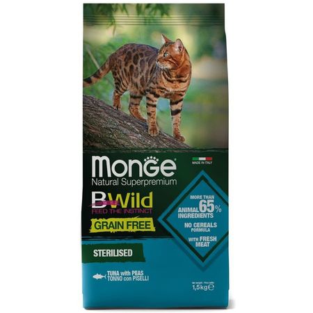 Monge Cat BWild Grain Free полнорационный сухой корм для стерилизованных кошек беззерновой с тунцом и горохом - 15 кг 2505₽