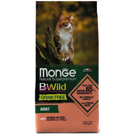 Monge Cat BWild Grain Free полнорационный сухой корм для кошек беззерновой с лососем и горохом - 15 кг 2693₽