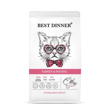 Best Dinner Adult Sterilised Turkey amp Potato сухой корм для взрослых кастрированных и стерилизованных кошек склонных к аллергии и проблемам с пищеварением с ИНДЕЙКОЙ и картофелем - 400 г 363₽