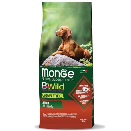 Monge Dog BWild Grain Free сухой беззерновой корм для взрослых собак всех пород с мясом ягненка картофелем и горохом - 12 кг 15766₽