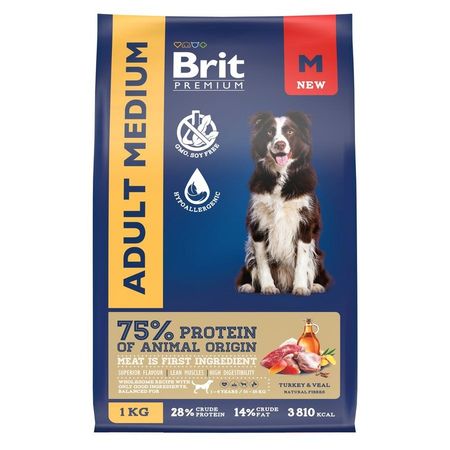 Brit Premium Dog Adult Medium сухой корм для взрослых собак средних пород 10-25 кг с индейкой и телятиной - 1 кг 457₽