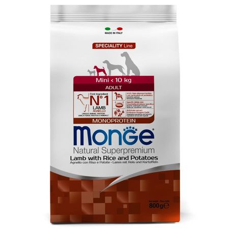 Monge Dog Speciality Line Monoprotein Mini полнорационный сухой корм для собак мелких пород с ягненком рисом и картофелем - 800 г 1119₽