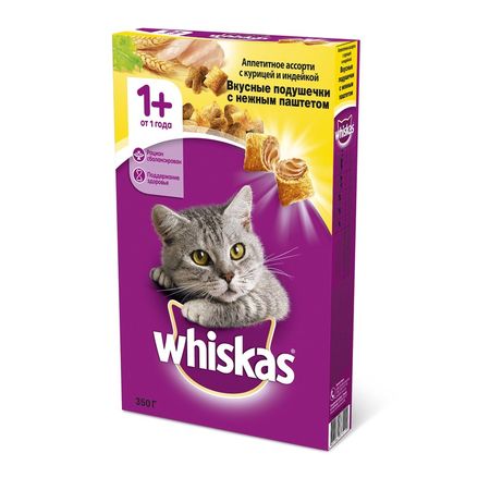 Whiskas Вкусные подушечки с нежным паштетом сухой корм для взрослых кошек Аппетитное ассорти с курицей и индейкой - 350 г 211₽