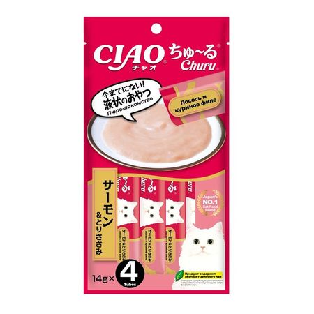 Inaba Ciao лакомство пюре для взрослых кошек с куриным филе и лососем - 14 г х 4 шт 330₽