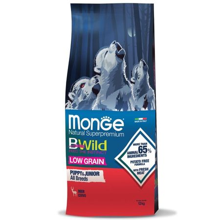 Monge Dog BWild Low Grain Puppy amp Junior полнорационный сухой корм для щенков низкозерновой с мясом оленя - 12 кг 11008₽