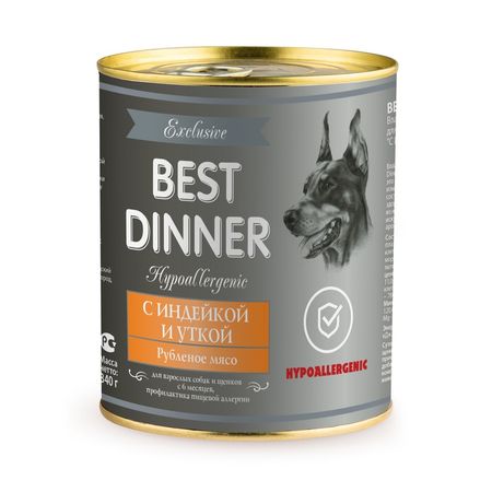 Best Dinner Exclusive Hypoallergenic влажный корм для собак и щенков при пищевой аллергии гипоаллергенный с ИНДЕЙКОЙ и УТКОЙ фарш в консервах - 340 г 2894₽