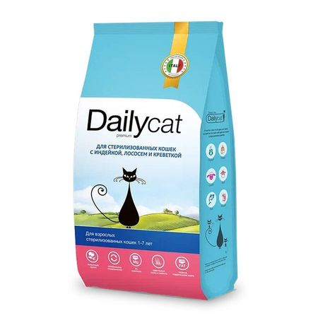 Dailycat Classic line сухой корм для стерилизованных кошек, с индейкой, лососем и креветкой