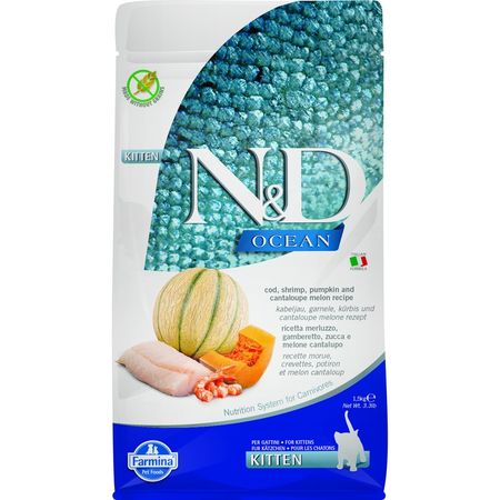 Farmina N ampD Ocean Cat Codfish Shrimp Pumpkin amp Cantaloupe Melon Kitten сухой беззерновой корм для котят с треской креветками тыквой и дыней - 15 кг 3480₽
