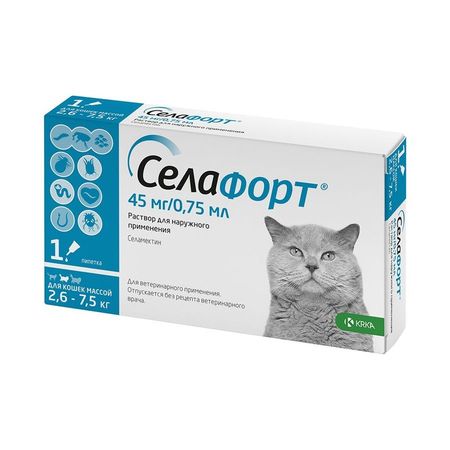 KRKA Селафорт капли от блох и клещей для кошек массой 26 - 75 кг 45 мг 075 мл 1 пипетка 707₽