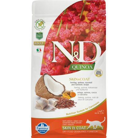Farmina N ampD Quinoa Cat Grain Free Skin amp Coat Herring сухой беззерновой корм для взрослых кошек для кожи и шерсти с сельдью и киноа - 15 кг 3872₽