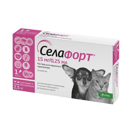 KRKA Селафорт капли от блох и клещей для кошек и собак массой меньше 25 кг 15 мг 025 мл 1 пипетка 578₽