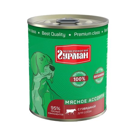 Четвероногий Гурман Мясное ассорти влажный корм для собак фарш из говядины в консервах - 340 г 1632₽