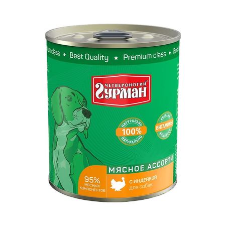 Четвероногий Гурман Мясное ассорти влажный корм для собак фарш из индейки в консервах - 340 г 1632₽