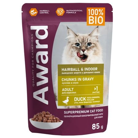 Award Hairball  &amp; Indoor Chunks in Gravy Adult Duck Hairball Indoor влажный корм для выведения шерсти у домашних кошек, с УТКОЙ, кусочки в соусе, в паучах - 85 г