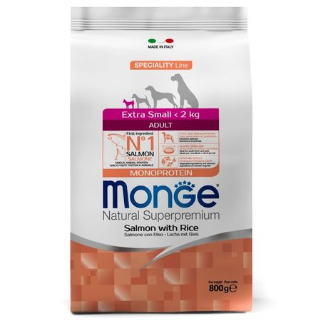 Monge Dog Speciality Line Monoprotein Extra Small полнорационный сухой корм для собак миниатюрных пород с лососем и рисом - 800 г 1166₽