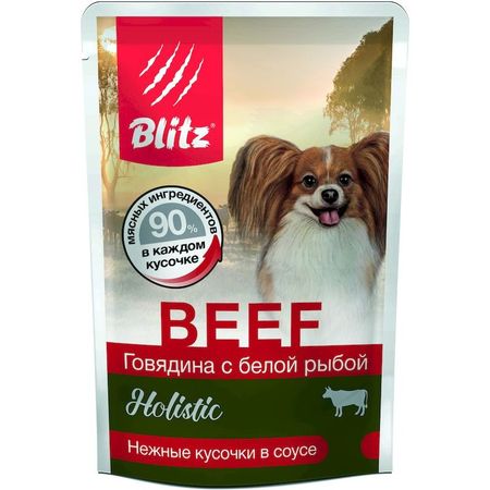 Blitz Holistic Adult Beef amp White Fish полнорационный влажный корм для собак мелких пород с говядиной и белой рыбой кусочки в соусе в паучах - 85 г 2348₽