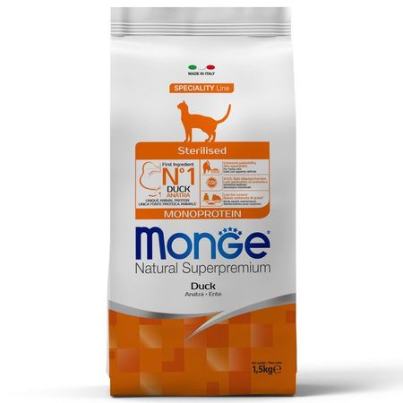 Monge Cat Speciality Line Monoprotein Sterilised полнорационный сухой корм для стерилизованных кошек, с уткой - 1,5 кг