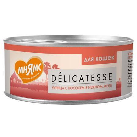 Мнямс Delicatesse влажный дополнительный корм для кошек курица с лососем в нежном желе в консервах - 70 г х 24 шт 2544₽