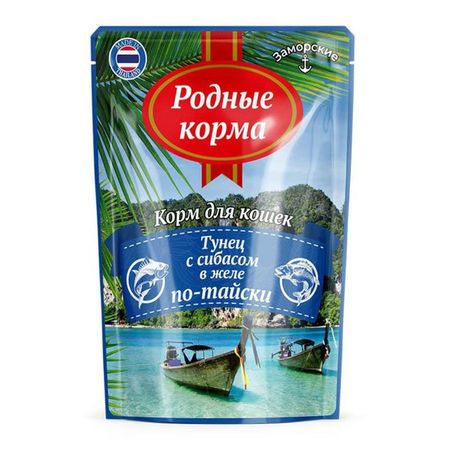 Родные корма влажный корм для кошек с ТУНЦОМ и камбалой в желе по-тайски в паучах - 70 г 2506₽