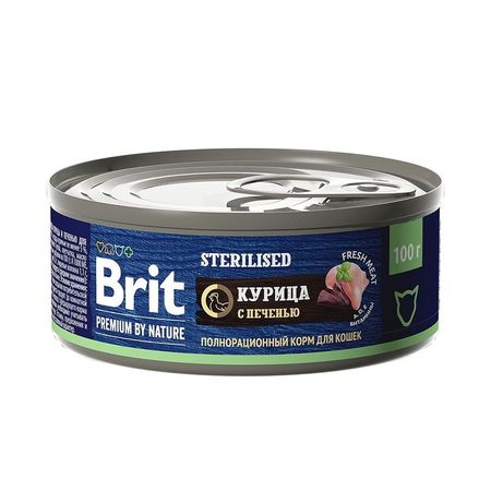 Brit Premium by Nature Sterilised полнорационный влажный корм для стерилизованных кошек фарш из курицы с печенью в консервах - 100 г 1440₽