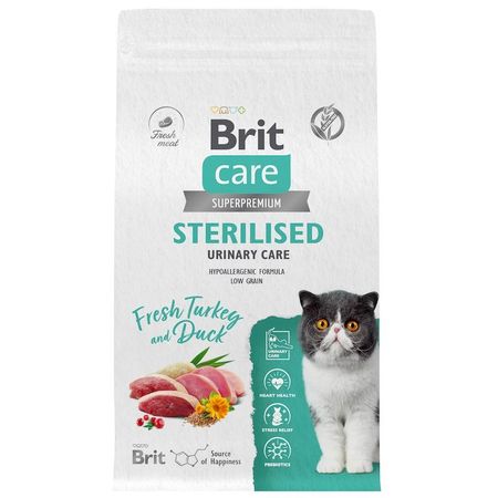 Brit Care Cat Sterilised Urinary Care сухой корм для стерилизованных кошек для профилактики МКБ с индейкой и уткой - 15 кг 1971₽