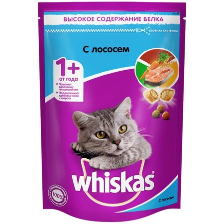 Whiskas полнорационный сухой корм для кошек подушечки с паштетом обед с лососем - 350 г 205₽