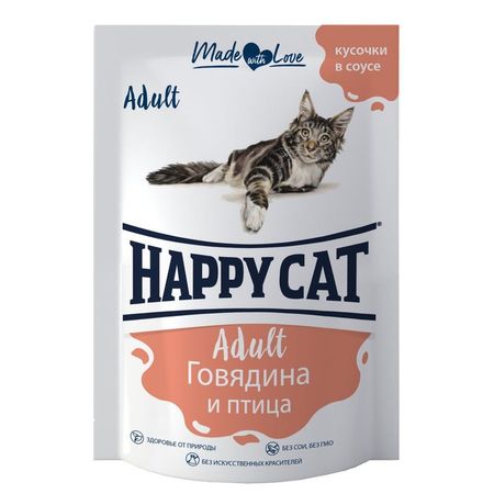 Happy Cat влажный корм для кошек с ГОВЯДИНОЙ ПТИЦЕЙ в соусе в паучах - 85 г 1976₽