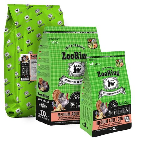 ZooRing Medium Adult Dog сухой корм для собак средних пород с ИНДЕЙКОЙ рисом и пастернаком с глюкозамином и хондроитином 8093₽