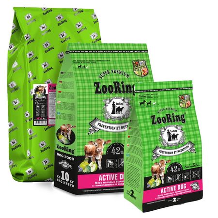 ZooRing Active Dog сухой корм для собак средних и крупных пород с мясом молодых бычков и рисом с глюкозамином и хондроитином - 2 кг 1082₽