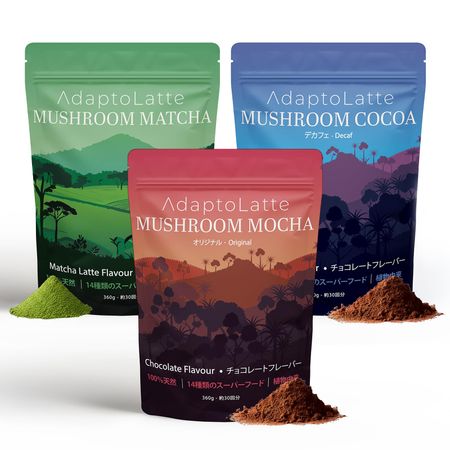 AdaptoLatte Original Decaf and Matcha x Contains Mushroom Coffee and Mane Mushroom Powder [Official] 3-Flavor Set (Mocha), (Cocoa), (360g 3)