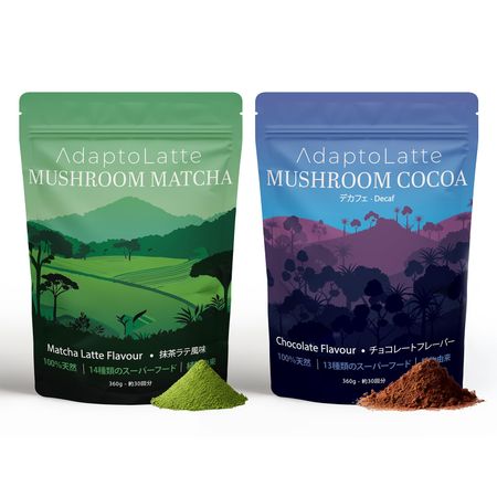 AdaptoLatte Decaf Matcha 360g x 2 Coffee Adaptogen Cordyceps Mushroom [Official] 2-Flavor Set (Cocoa) & (Mushroom Powder)