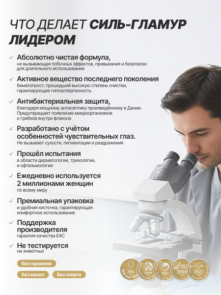 Средство для ресниц СИЛЬ-ГЛАМУР 3 мл, сыворотка активатор для роста бровей и ресниц